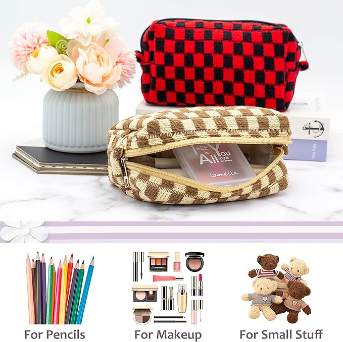 PAZIMIIK Checkered Makeup Bag for Purse Portable Zipper Make Up Pouch Small Cosmetic Case for Travel Accessories (Coffee) | Cute Zipper Makeup Organizer for Women, Travel Essentials, Toiletries, Makeup Brushes, Beauty Accessories&Bridesmaid Gifts