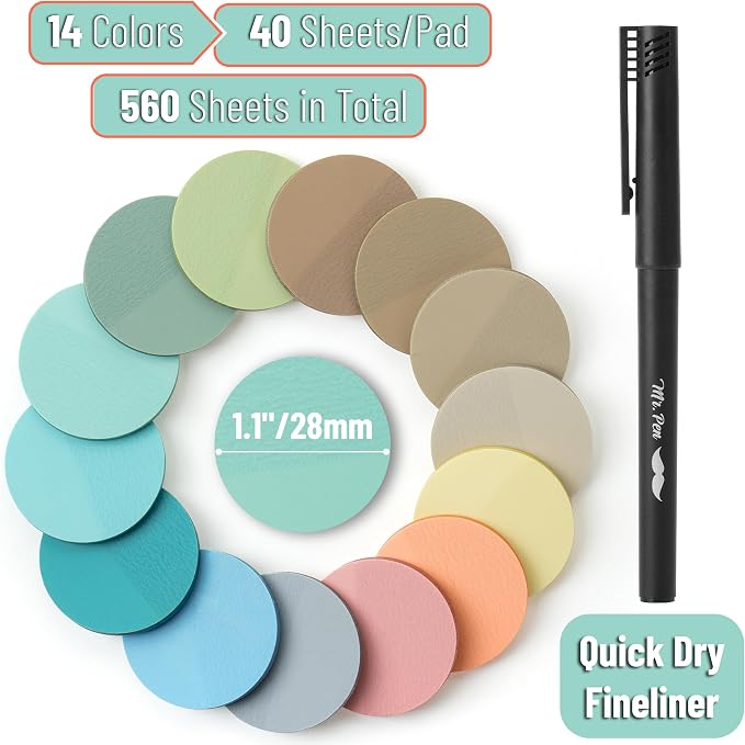 Mr. Pen- Round Transparent Sticky Notes, 1.1” Diameter, 14 Pads, 560 Sheets | Colorful, Water-Resistant See-Through Sticky Notes & Fineliner, Smooth Writing, Note Tabs for Bible Journaling, Studying
