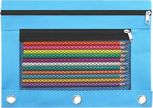 Pencil Pouch for 3 Ring Binder, Pencil Case Bag with Zipper, 600D Fabric Pencil Pouch Holder Accessories, Clear Window Pencil Case Aesthetic Back to School Organizer Pockets for Boy Girl (Sky Blue)