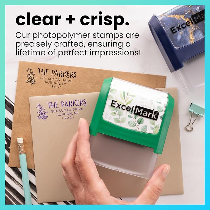 ExcelMark Custom Return Address Stamp (Purple, Foliage Edge) | Custom Return Address Stamp with Elegant Designs, Vibrant Colors & Patterns – Perfect for Mail, Invitations & Gifts