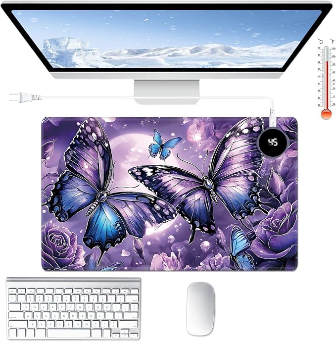 Heated Desk Pad Large Mouse Pad 23.6 x 14.1 inch with 3 Levels Heating & Auto Shut-Off Warm Mouse pad PU Leather Computer Mousepad for Home Office Work - Purple Rose and Butterflies
