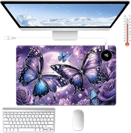 Heated Desk Pad Large Mouse Pad 23.6 x 14.1 inch with 3 Levels Heating & Auto Shut-Off Warm Mouse pad PU Leather Computer Mousepad for Home Office Work - Purple Rose and Butterflies