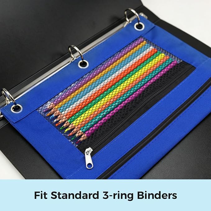 Pencil Pouch for 3 Ring Binder, Pencil Case Bag with Zipper, 600D Fabric Pencil Pouch Holder Accessories, Clear Window Pencil Case Aesthetic Back to School Organizer Pockets for Boy Girl (Blue)