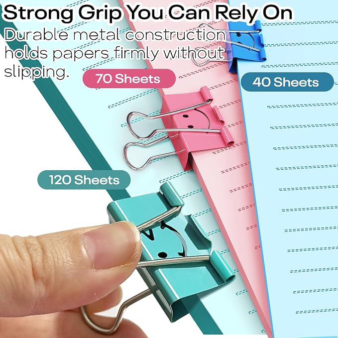 Optomni Binder Clips, 62 Pack, Assorted Sizes – Small, Medium & Large, Colorful Metal Paper Clips for Office, School, Documents, Files & Organizing