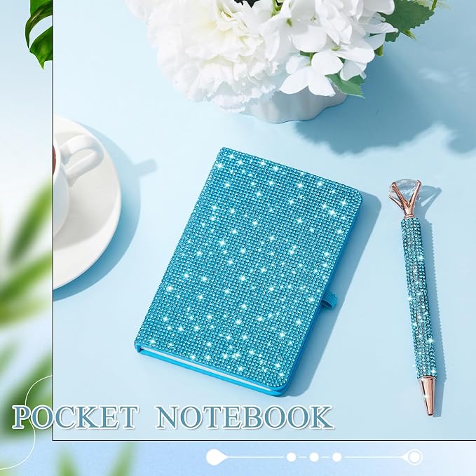 Resholder Rhinestone Pen & Glitter Notebook Set, Hard Cover Bling Diary Journal for Girls, Cute School Supplies for Back to School, Sparkly Desk Accessories Gift for Women(Rhinestone,A6,Blue)