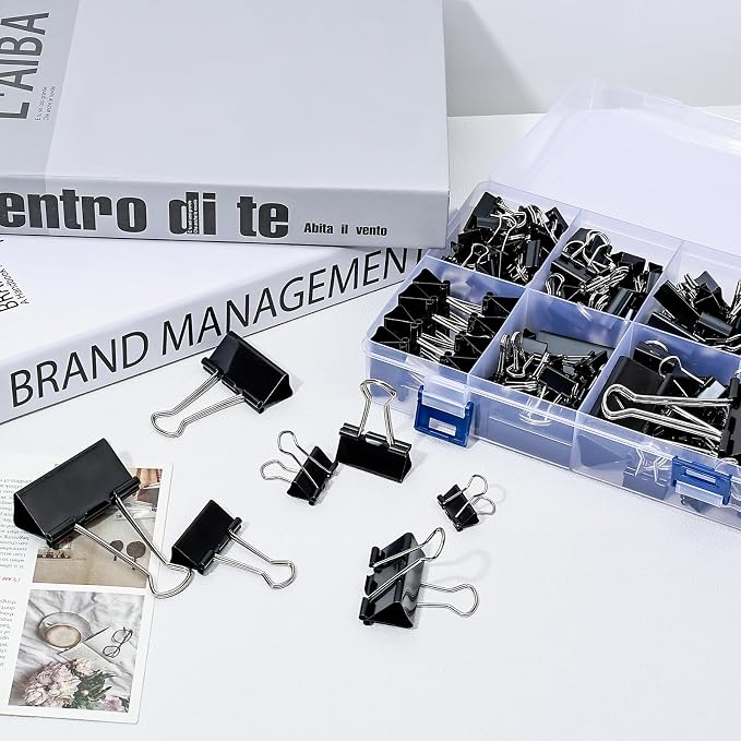 Temiary 188 Pcs Binder Clips with Container, Assorted 6 Sizes Clamps, Black | 0.6 & 0.75 & 0.98 & 1.26 & 1.6 & 2 Inch Metal Binder Clip in One Pack, Paperwork Clamp Bulk for Office, Home, School