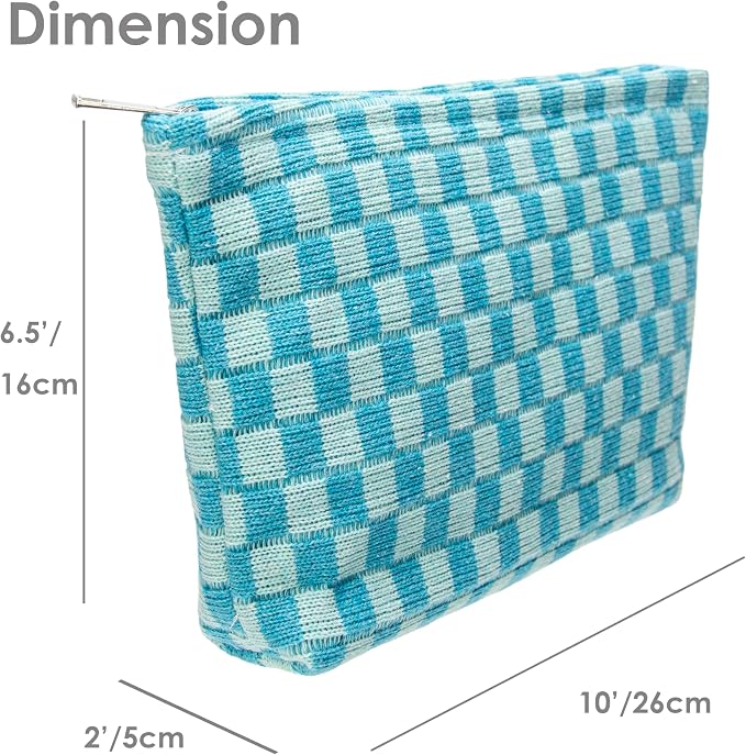Checkered Makeup Bag for Purse, Small Flat Cosmetic Pouch,Lake Blue | Cute Zipper Makeup Organizer for Women, Travel Essentials, Toiletries, Makeup Brushes, Beauty Accessories&Bridesmaid Gifts
