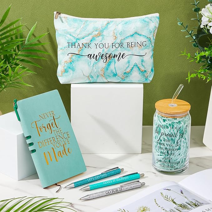 Funnymoom 6 Pcs Appreciation Gifts Set for Women Back to School Teacher Gifts Employee Thank You Gift with 17 oz Glass Tumbler Journal Pens and Pouch for Coworkers Educators,Marble,Green