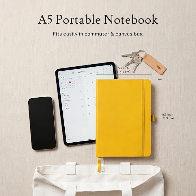 PAGELYST Lined Journal Notebook, 4 Pack Leather Journal for Women Men, 200 Numbered Pages, A5 Medium 5.7'' x 8.3'', 100 GSM Thick Paper for Journaling, Writing, Work & Office (Yellow)