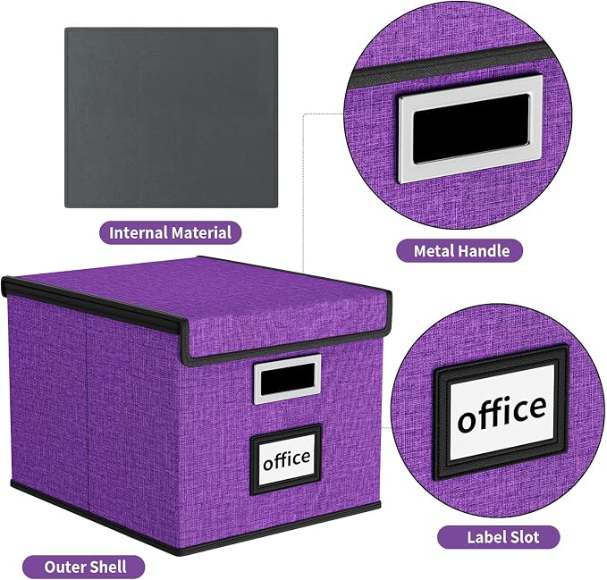 File Organizer Box with Lid, Collapsible File Folder Organizer for Office Document Storage, Filing Box with Plastic Slide for Letter Size Hanging File Folders(1 Pack, Purple)