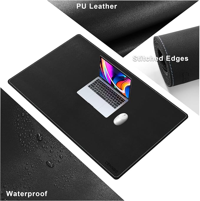 CENNBIE Leather Desk Mat Large, 43.6" x 23.6" Extended Mouse Pad (Black) | Premium stitched edges resist wear. Easy to clean. Protects desk from spills, stains ,scratches. Smooth glide. Office & home.