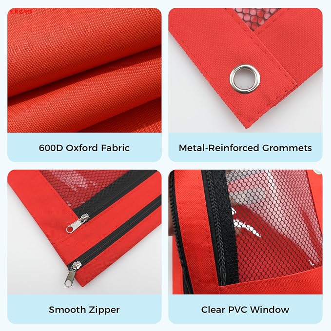 Pencil Pouch for 3 Ring Binder, Pencil Case Bag with Zipper, 600D Fabric Pencil Pouch Holder Accessories, Clear Window Pencil Case Aesthetic Back to School Organizer Pockets for Boy Girl (Red)