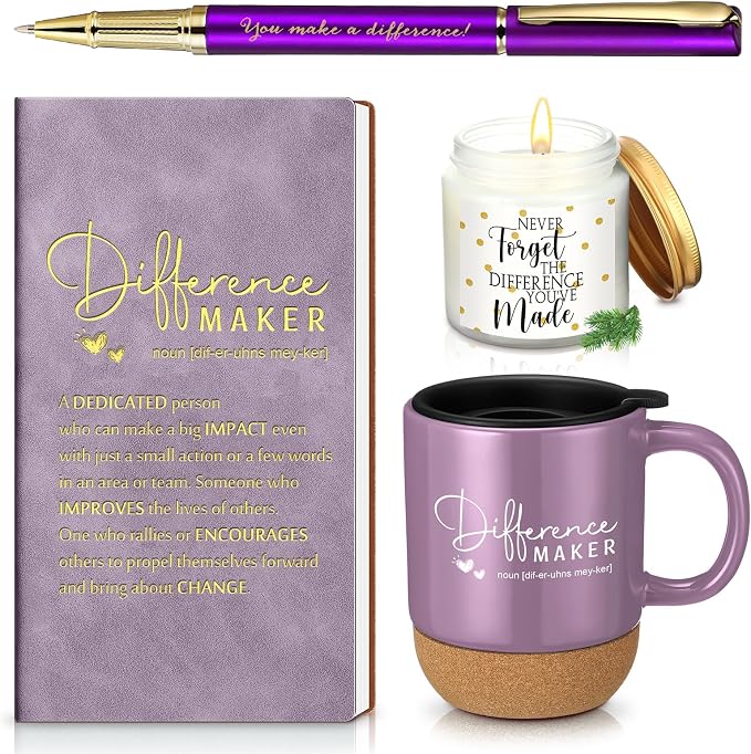 Vesici 4 Pcs Difference Maker Gift Set Mug Notebook Candle Pen,Purple,Word