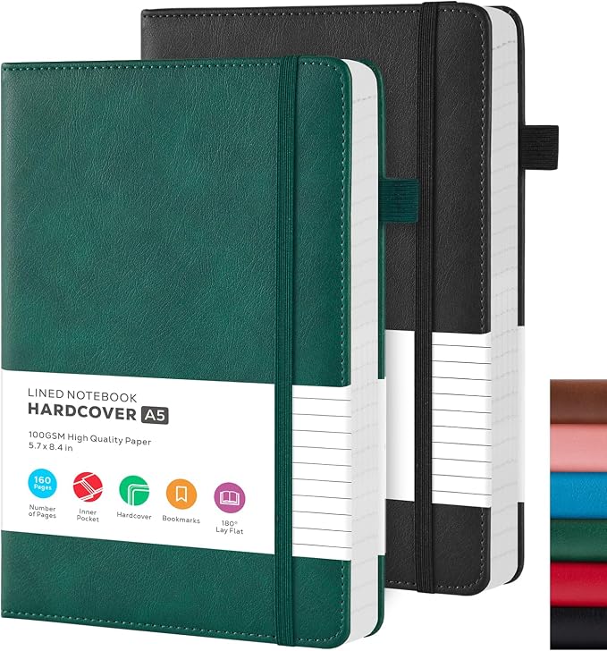 2 Pack Lined Journal Notebook for Work, A5 Medium Size (5.7'' x 8.4"), for Women Men Travelers Writing, Leather Hardcover, 100GSM Thick Paper, Daily Diary, School Office Supplies, Black & Green