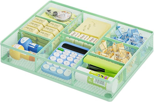 Marbrasse Desk Drawer Organizer, Metal Mesh Drawer Organizer Tray with 5 Adjustable Compartments,Desk Organizers and Accessories for Home,Office,Kitchen,Makeup,Vanity (Green)
