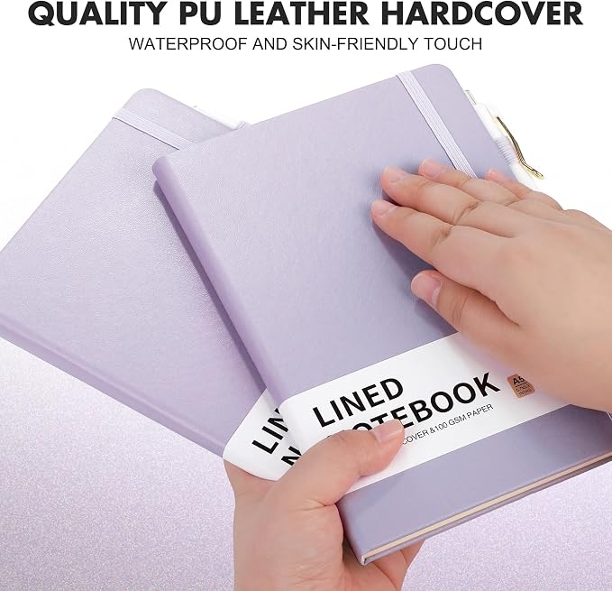 Aodaer 30 Set Lined Notebook Journals with Pens A5 Notebooks 100 GSM College Ruled Hardcover Notebook PU Leather Notepad with Pen Holder for Office School, 5.7 x 8.3 Inches, Lavender