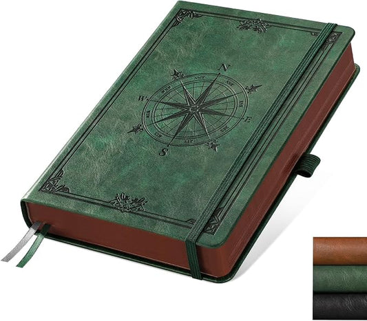 AHGXG Thick Blank Notebook, 320 Numbered Pages, A5 (5.75'' X 8.38'') | 100GSM Plain Paper, Vintage Leather Hardcover, for Men Women Work Office School (Dark green)