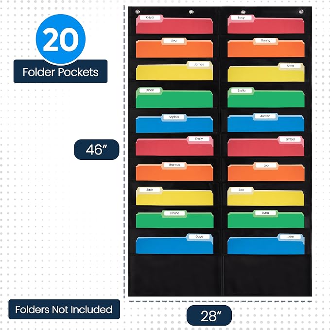 Essex Wares - 20 Pocket File Pocket Chart, Black, 28" Wide x 46" Tall - Versatile Wall Hanging File Folder Organizer for Classroom, Office, Home, and More - Wall Folder Organizer - 20 Pockets
