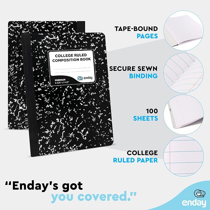 Enday Marble Composition Notebook College Ruled (2 Pack) 100 Sheets Black Composition Notebook For Back to School, Home and Office