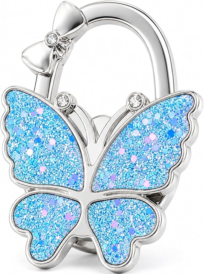 Purse Hook for Table, Foldable Handbag Hanger for Women, Portable Bag Holder with Non-Slip Base, Cute Star Light Blue Butterfly Purse Table Hook for Restaurant Office Travel Gift