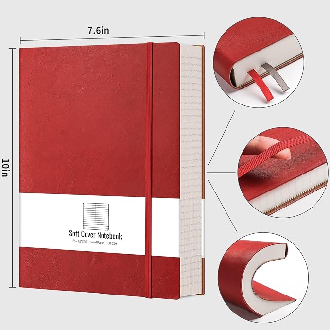 AHGXG Lined Journal Notebook, 320 Numbered Pages, B5 (7.6'' X 10'') | College Ruled Leather Journal for Women, 100gsm Thick College Ruled Paper, Softcover Journal for Writing Work School (Red)