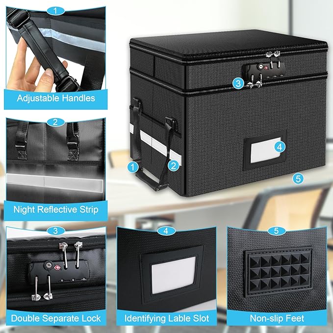 RHM Fireproof Document Box with Lock, 2 Layer Fire Proof File Box for Documents with Handle, Portable Home Office Fire Safe Document Box for Hanging Letter/Legal Folder/Certificate | Fireproof to 2000°F, Waterproof, Large Capacity, Night Reflective Str...