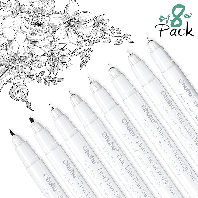 Ohuhu Fineliner Micro Drawing Pens: 8-size Tips (Ultra-fine, Fine & Brush) | Waterproof Pigment Black Ink for Illustration Drawing Journaling Sketching for Artist Beginners