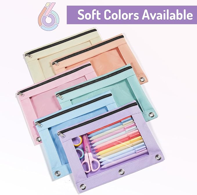 Forvencer Pencil Pouch for 3 Ring Binder, Pastels Pencil Case with Smooth Zipper, Cute Soft Pen Bag with Clear Window & 3 Reinforced Grommets, Big Capacity Binder Bag, School Office Supplies, Purple