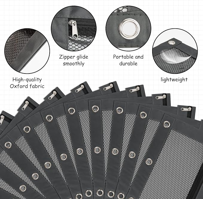 20 Pack Grey Pencil Pouch for 3 Ring Binder - Zipper Bags for Classroom, Bulk Storage Box for School Students and Teacher Supplies