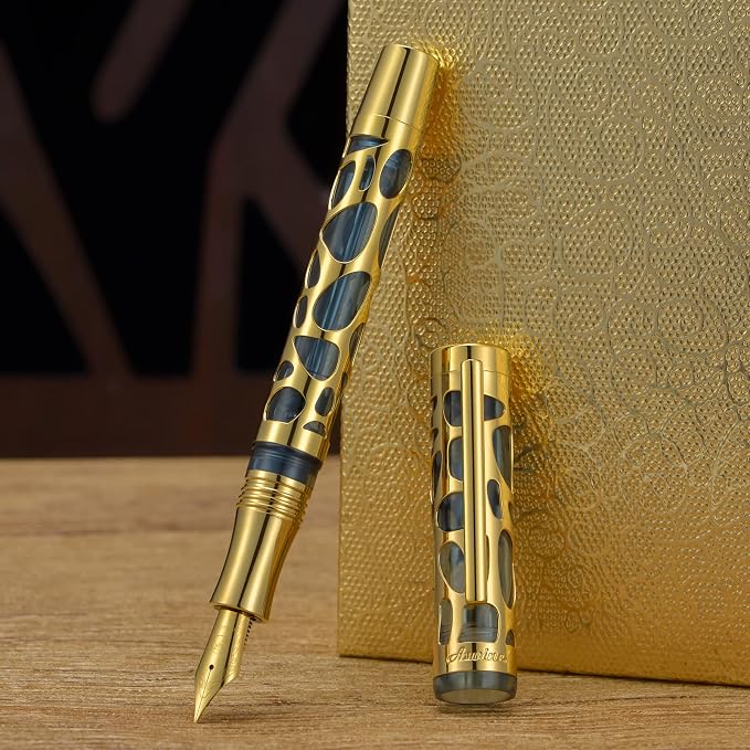 Asvine V169 Vacuum Filling Fountain Pen Fine Nib, Water Drop Skeleton Gold Trim Transparent Gray Blue Acrylic Pen Case Set