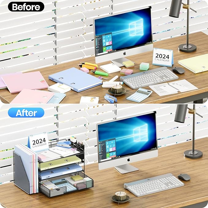 OPNICE Desk Organizer, 4-Tier Desktop File Organizer with Drawer and Pen Holders, Office Desk Accessories, File Sorters, Workspace Organizers for Office Supplies(Black)