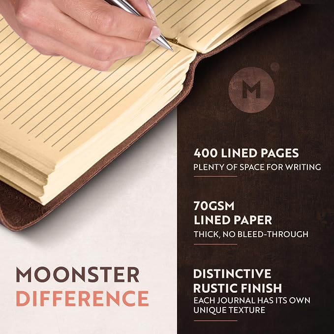 Leather Journal Lined Notebook Paper - MOONSTER® Leather Bound Journals for Writing for Women and Men, 8"x6" Ruled Large Notebooks, Kraft Paper with 400 pages - Non Refillable Lined Paper College Ruled & Travel Size