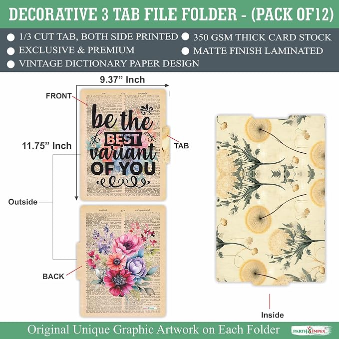PARTH IMPEX 12 Pack Decorative File Folders, 1/3 Cut Tab (9.75” x 11.75”) | with Assorted Positions, Letter Size Paper Holders Matte Finish Laminated for Office School Work - Motivational Quotes Design