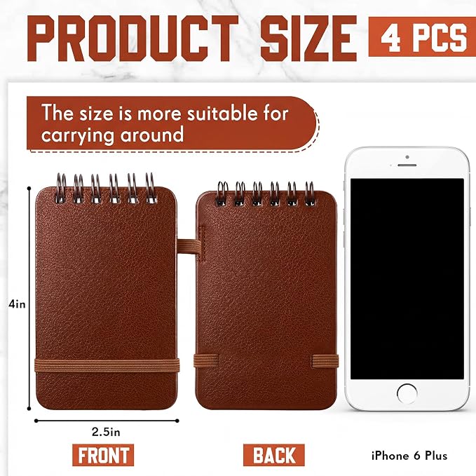 Qeeenar 4 Pack Small Pocket Notebook 2.5 x 4 Inch, Brown Leather Hardcover Top Spiral Mini Journal with Elastic Band, 50 Sheets Tiny Memo Pad for Travel Purse Work Daily Notes