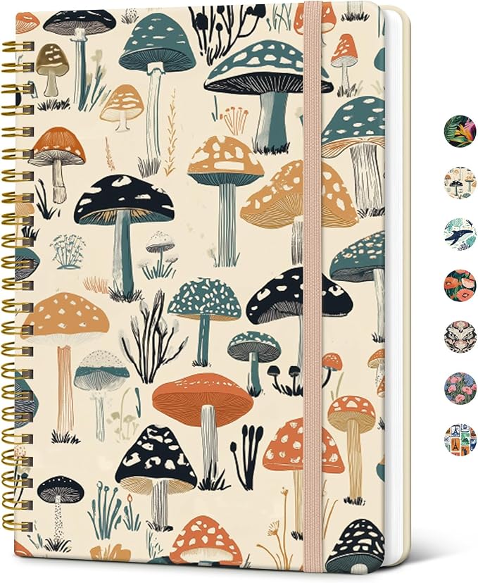 Taja Lined Spiral Journal Notebook for Women, A5 Cute College Ruled Hardcover Notebook for Work & Note Taking, Pretty Journal for Writing, 140 Pages, Mushrooms Grove