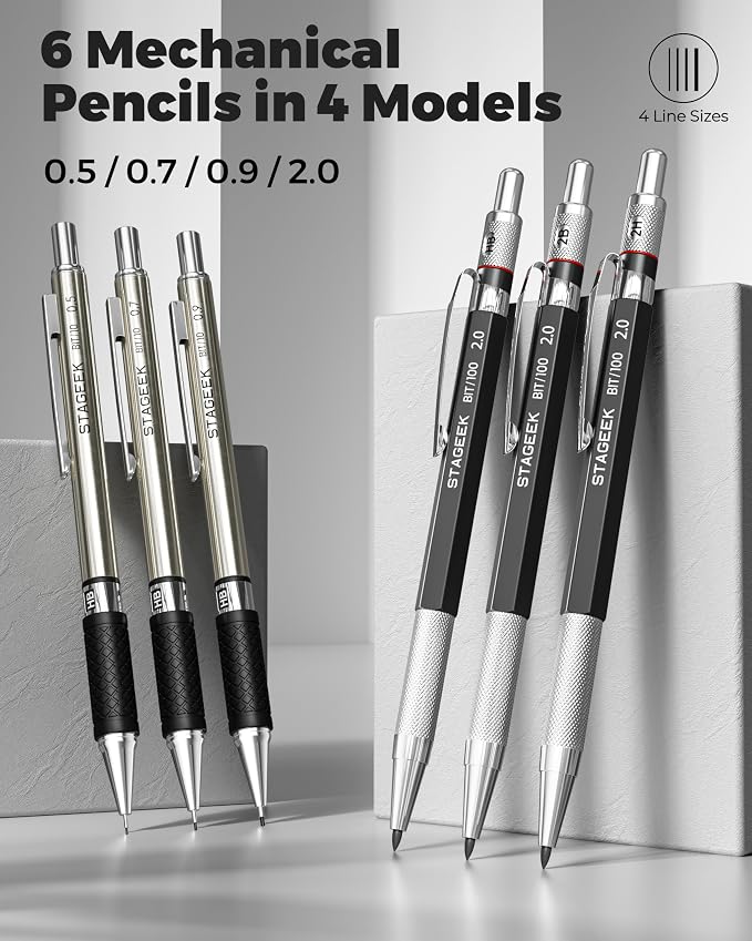 STAGEEK Mechanical Pencil Set with Case 34 Count, Drawing Pencils 0.5, 0.7, 0.9MM & 3PCS 2MM Sketching Pencils with 384PCS Lead Refills (6B 4B 2B HB 2H 4H Color) for Artist Drafting Drawing Writing
