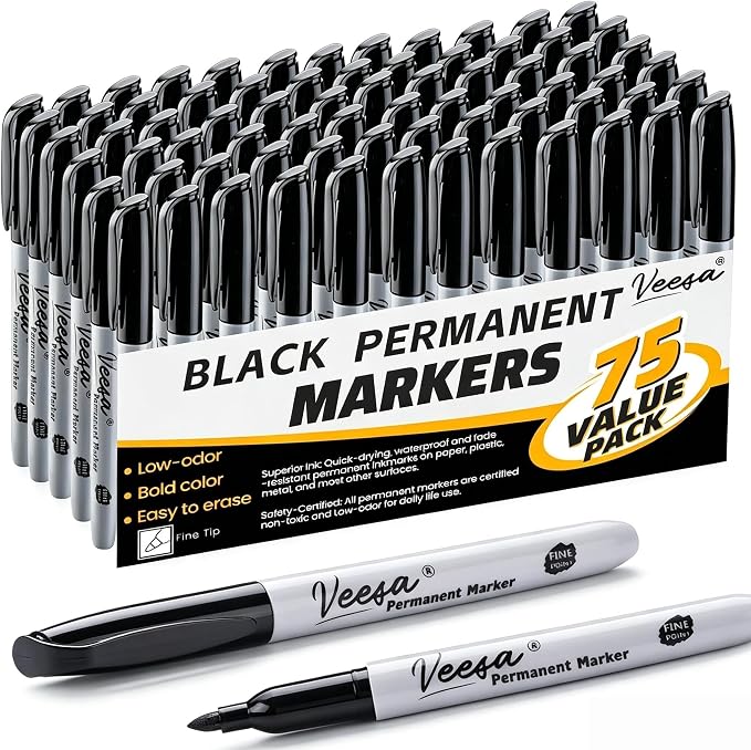 VEESA Black Permanent Markers Fine Tip, 75 Count, Quick Drying | Water- & Fade-Resistant, Marks on Wood Plastic Paper Metal