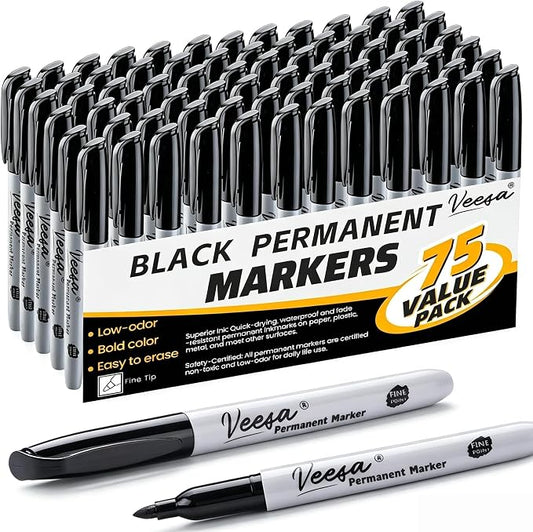VEESA Black Permanent Markers Fine Tip, 75 Count, Quick Drying | Water- & Fade-Resistant, Marks on Wood Plastic Paper Metal