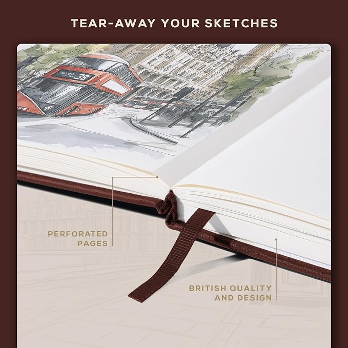 Beechmore Books Square Mixed Media Sketchbook - 8"x8" Inch Professional Art Journal, 160 GSM / 98 lb Ivory Paper, Perforated Pages, Vegan Leather Hardcover, Lay-Flat Design for Drawing & Doodling