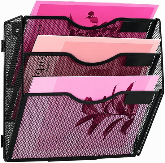 3 Pockets Mesh Wall File Holder Organizer Office Hanging File Folder Magazine Rack, Nametag Label Hooks Set Included (Black)