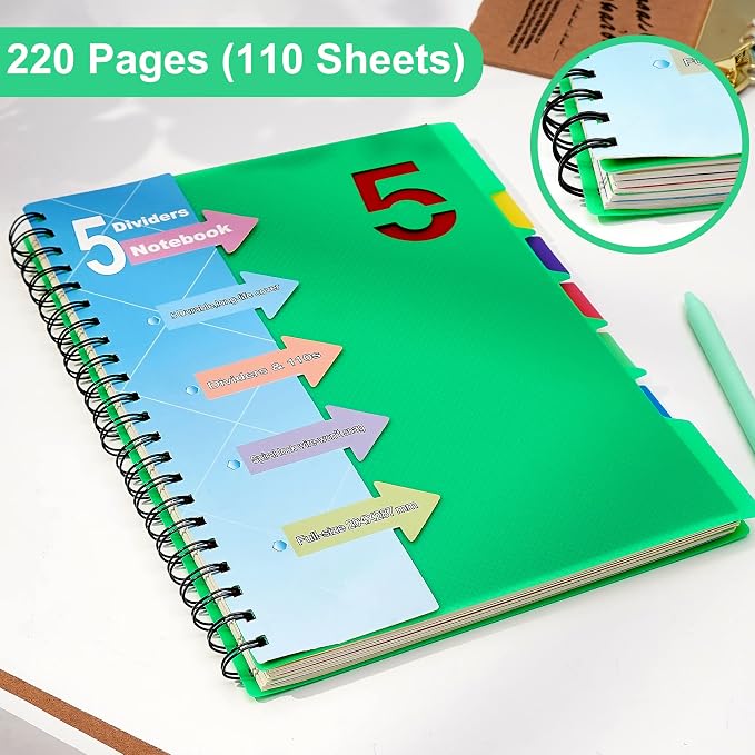 CAGIE Spiral Notebook 8.5 x 11 with Dividers 5 Subject Notebook with Tabs Wide Ruled A4 Spiral Bound Journal for Note Taking Work School Supplies, 220 Pages, Green | College Ruled 240 Pages Spiral Notebook for Note Taking, School, Work, Green