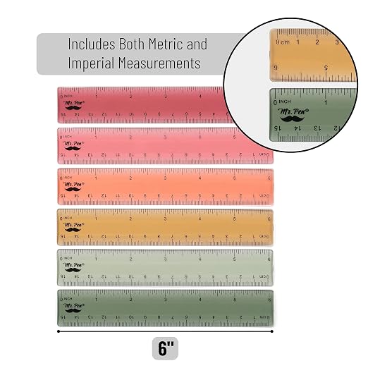Mr. Pen- Plastic Ruler Set, 6 Pack, 6 Inch, Vintage Colors | Easy-to-Read Markings, Scratch-Resistant Design, Durable Transplant Rulers for Crafting Office & School, School Supplies