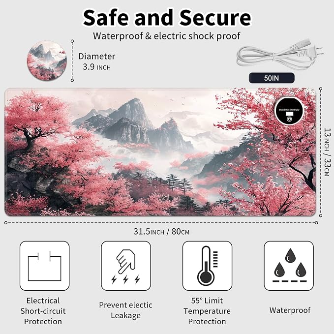 Warm Desk Pad,Heated Desk Pad,Office Mat,3 Heating Levels & 3 Hours Auto Shut-Off,31.5"*13" Gaming Mouse Laptop Keyboard Leather Desk Mat,Watercolor Tree Mountain