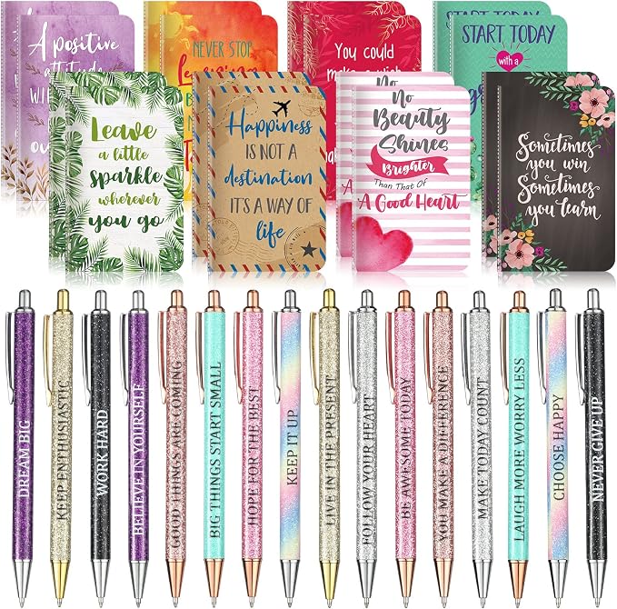 Funrous 32 Pcs Motivational Quote Pens Inspirational Notepads Mini Journal with Ballpoint Pen Small Notebooks Gift for Men Women Coworker Adult Party Favors Prize Teacher Student Office(Cute)