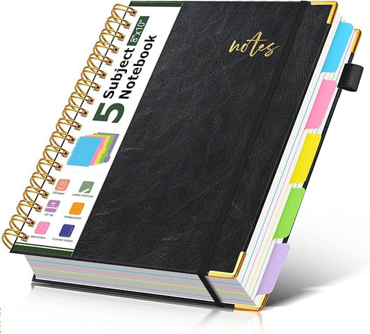 5 Subject Spiral Notebook Journal with Removable Dividers Tabs, 300 Pages Organizer Notebooks for Work School, 8"x10" Hardcover Leather Notebook College Ruled, Large Lined Journal for Women Men,Black