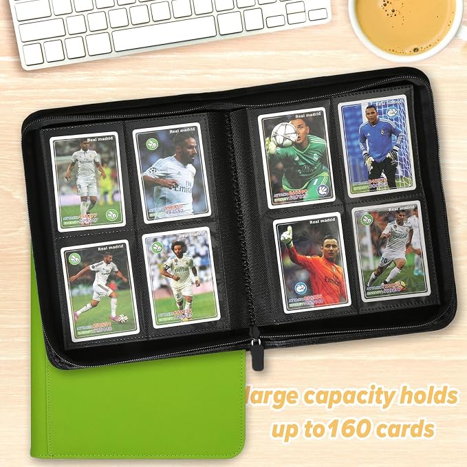 4 Pocket Ringless Side Loading Trading Card Binder, 160 Cards PU Fixed Page Zipper Card Album for TCG Sports Game Cards, Not Fit Top Loaders (Grass Green)