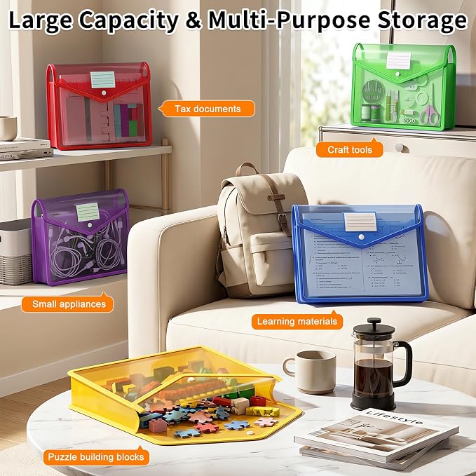 Plastic Expanding File Folder, Transparent Envelopes with Snap Closure | No Dividers, Large Capacity, Assorted Colors, Accordion Folder Organizer for File Folder, Fits Letter / A4 Size, 10 Pack