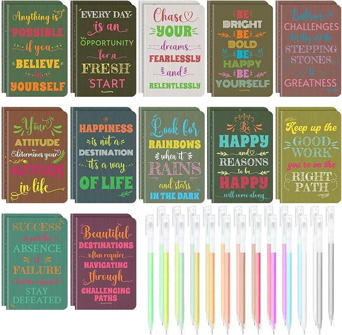 24 Pcs Mini Inspirational Notebooks Bulk with 24 Colorful Pens， 3.5"x5.5" | Small Pocket Journal Notepads Set, Motivational Bulk Gifts for Women Men Teacher Students Kids, End of School Year Gift Bulk