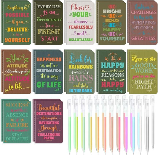 24 Pcs Mini Inspirational Notebooks Bulk with 24 Colorful Pens， 3.5"x5.5" | Small Pocket Journal Notepads Set, Motivational Bulk Gifts for Women Men Teacher Students Kids, End of School Year Gift Bulk