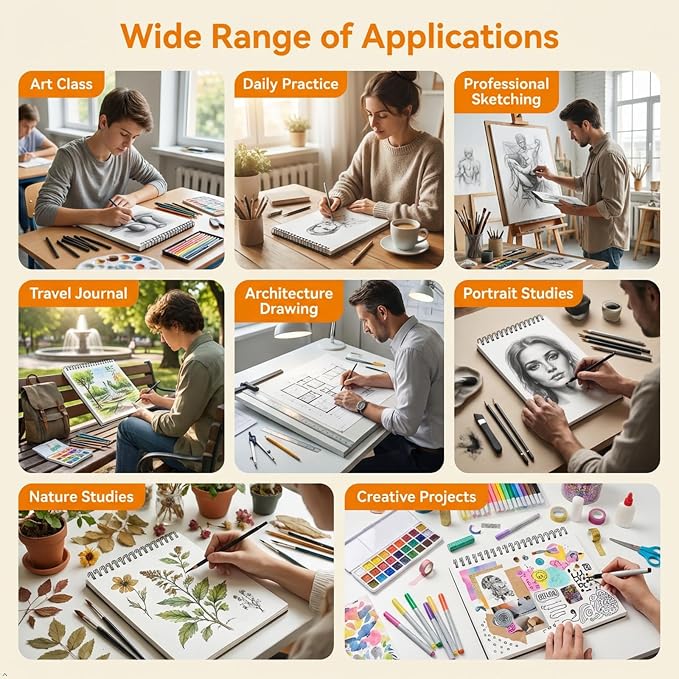 Soucolor 9x12 Spiral Sketch Book,100 Sheets, Acid-Free Drawing Pad for Kids | Top spiral-bound sketchbook with 68lb acid-free paper,micro-perforated pages, and flat-lay design,for all artists
